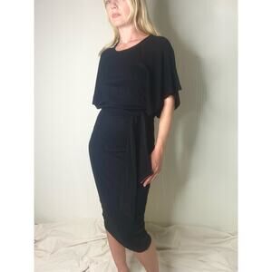 EVE GRAVEL Black Stretch Ribbed Tie Wrap Midi Dress US XSMALL